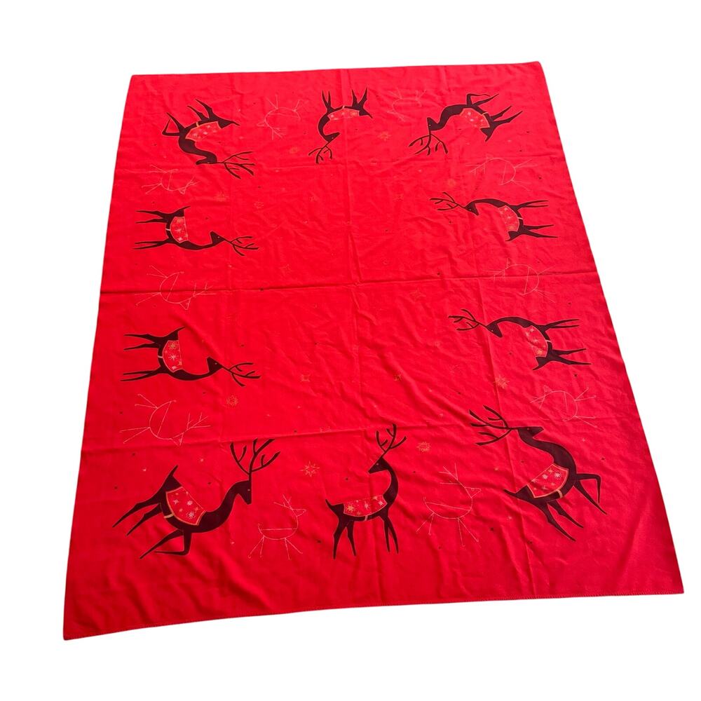 California Hand Prints Reindeer Tablecloth 52x66 Inches Red Christmas Cotton